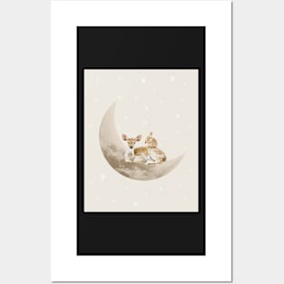 Deer and rabbit sleeping on the moon Posters and Art